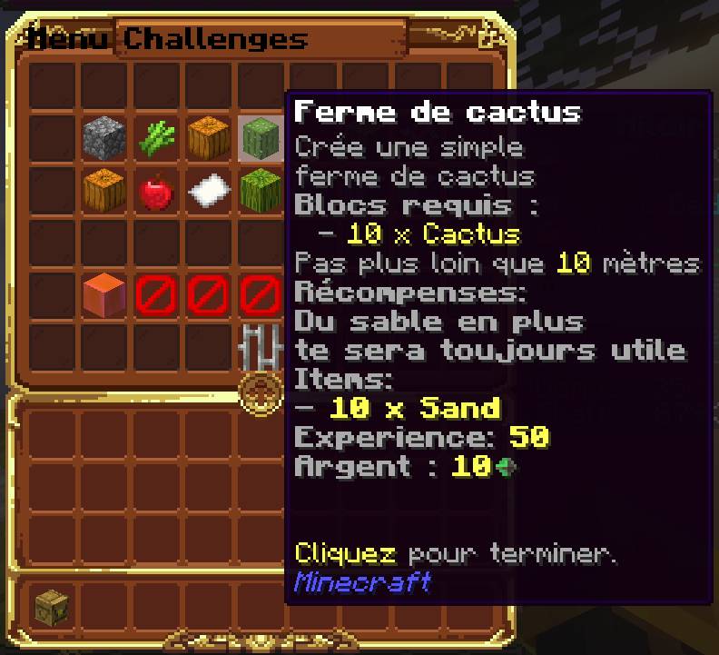 Le menu des challenges du Skyblock